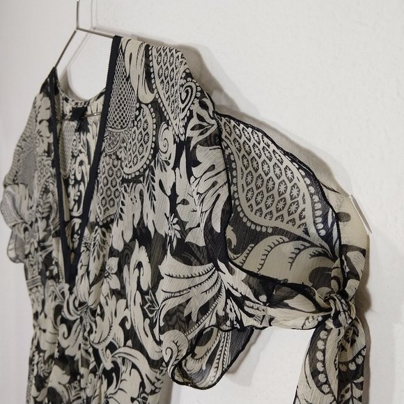 Anna Sui Floral Sheer V-neck Slit Short Sleeves Blouse Top Black Beige Size S - Picture 3 of 12